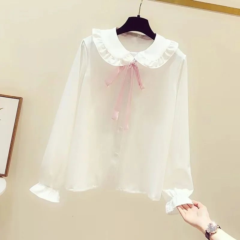 

Girl's Spring Autumn Shirt 2025 New Korean Style Stylish Children's Tween Bow Doll Collar Ruffled Hem Blouse