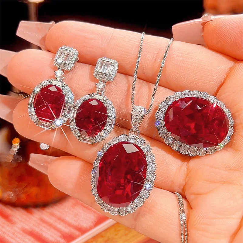 

Luxury Red Oval Cut Cubic Zirconia Jewelry Adjustable Ring Necklace Earrings for Women Statement Wedding Party Fine Jewelry Gift