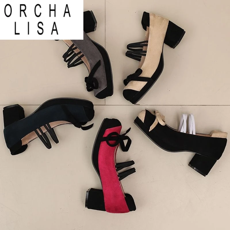 

ORCHA LISA Флок Замшевые женские туфли-лодочки для отдыха с круглым носком на блочном каблуке 5 см Платформа 1,5 см Разноцветные слипоны с бантом Большой размер 48 49 5