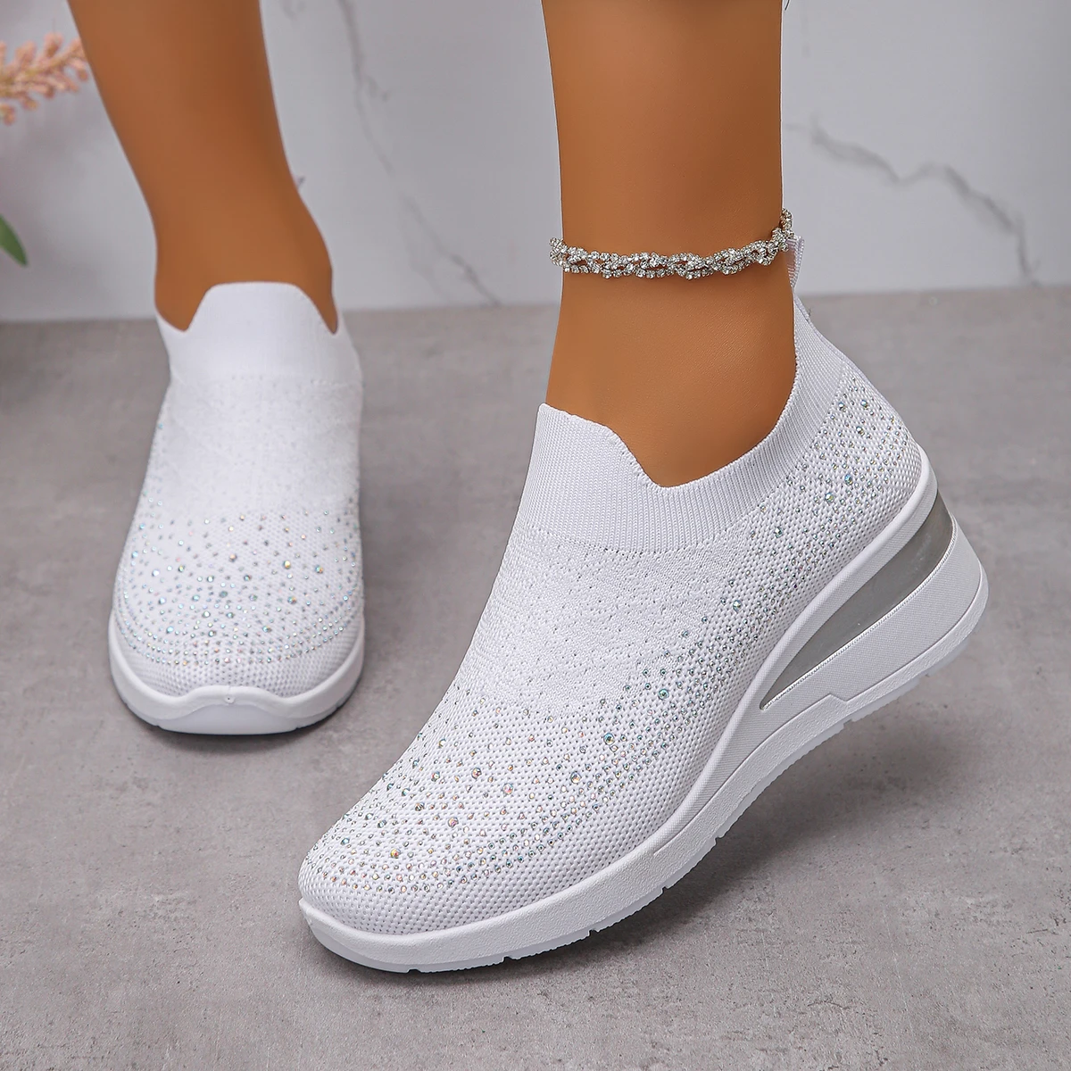 New Rhinestone Decor Wedge Sneakers Women Breathable Knitted Non Slip Running Shoes Woman Comfortable Slip on White Sports Shoes