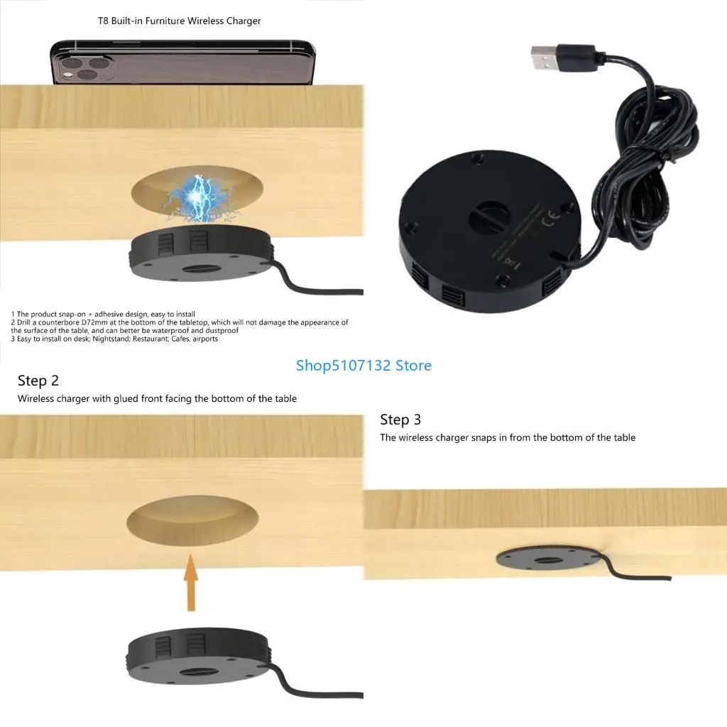 87HD T8 Embedded Wireless Charging Adapter 15W Quick Charging Integrated For Table Furniture Integration Phone Charging