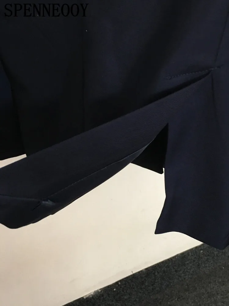 SPENNEOOY Fashion Runway Autumn Office Lady Dark Blue Suit Jacket Women\'s Ulster Collar Long Sleeve Pocket Double Breasted Coat