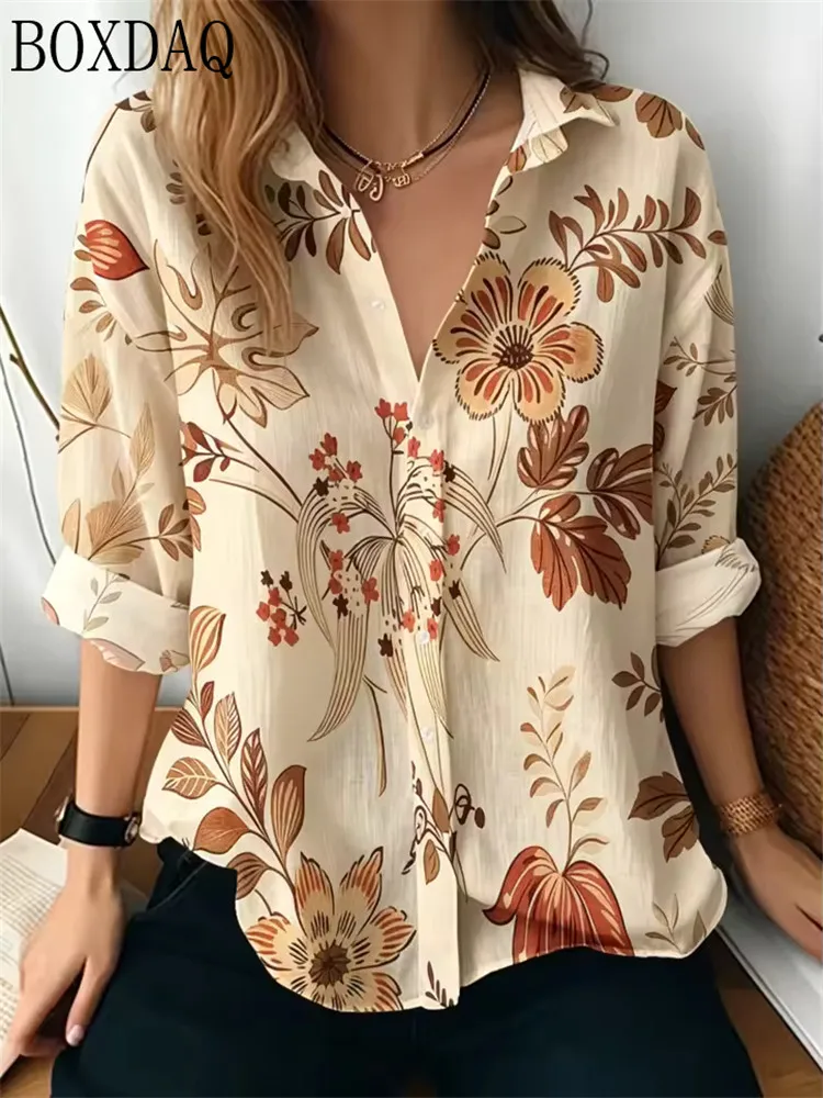 Women's Spring/Summer Chinese Ink Flower Printed Collar Shirt, Light colored Front Button Casual Travel Women's Top