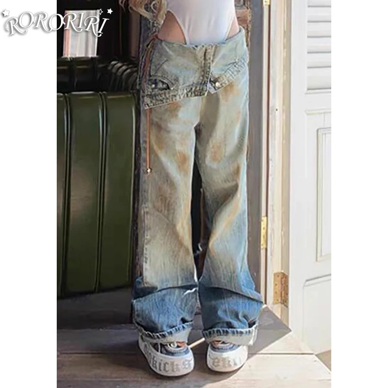 

RORORIRI Do Old Gradient Asymmetric Baggy Jeans Women Dirty Wash Low Rise Loose Wide Leg Denim Flared Pants Y2k Vintage Clothing