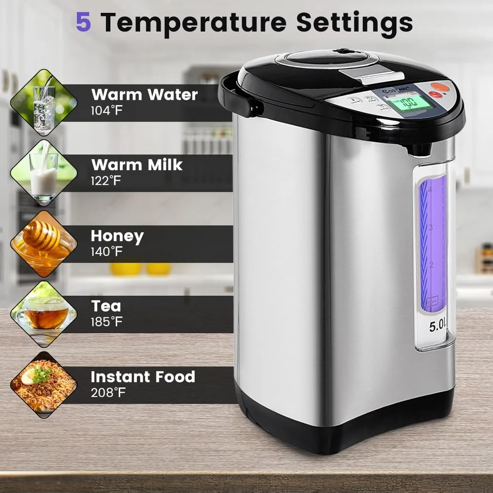 

Instant Electric Hot Water Boiler and Warmer, 5-Liter LCD Water Pot,5 Stage Temperature Settings,Safety Lock to Prevent Spillage