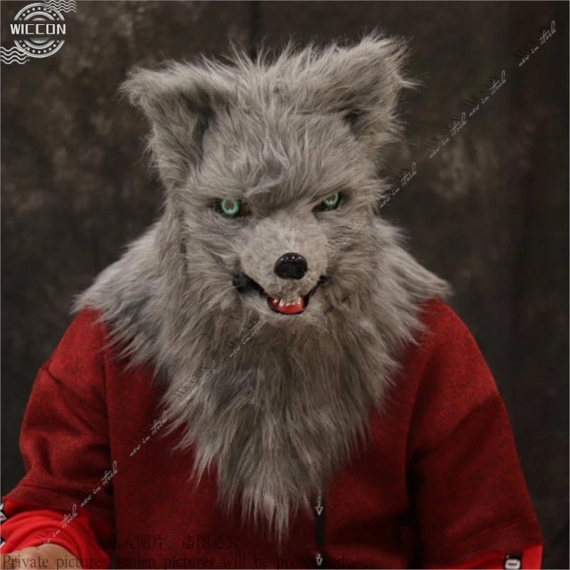 Maschera in peluche di volpe gotica – Design a bocca aperta con zanne realistiche per Halloween/performance sul palco Nero/Grigio Unisex per adulti