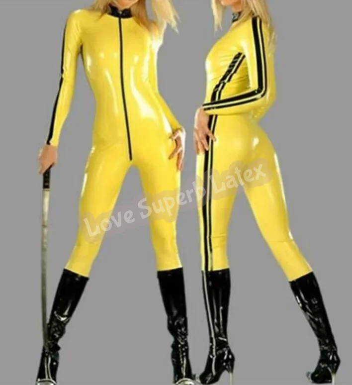

Woman Yellow Latex Catsuit Rubber Gummi Bodysuit Unisex Cool Side Trims XS-XXXL Customize 0.4