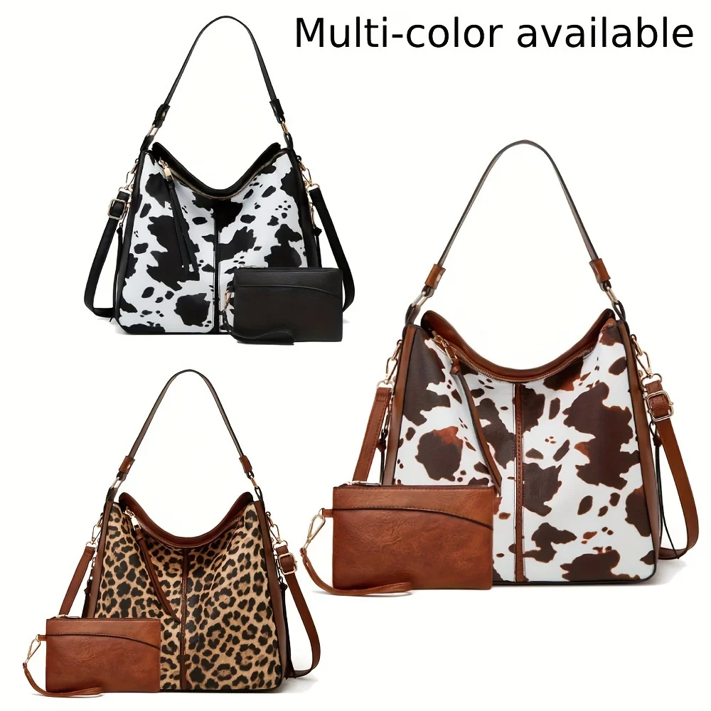 2PC Set Purses Tote Bag For Women, Handbags PU Leather Large Shoulder Bag,  Cow Pattern Work Bags With Multi-Pockets