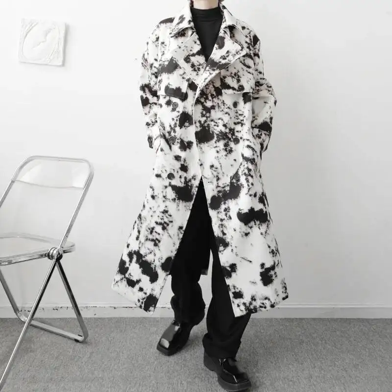 UMI MAO Trench Coat Men Women Dark Korean Design Sense Ink Splash Sense Double Breasted Loose Windbreaker Medium Length Coat