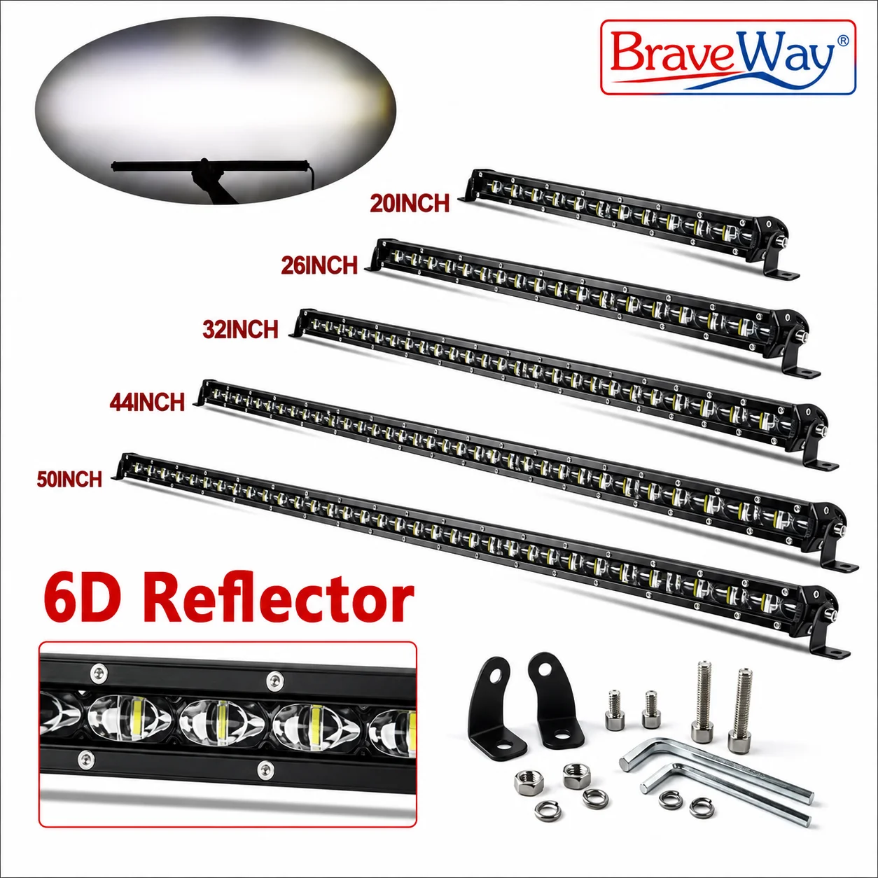 BraveWay 6D Ultra Strip LED-Lichtleiste 20" 26" 32" 38" 44" 50" Zoll Fahrlicht Nebelscheinwerfer Arbeitsleuchte 4x4 LED-Leiste für Wrangler Autos SUV ATV Traktor Offroad-Nutzung