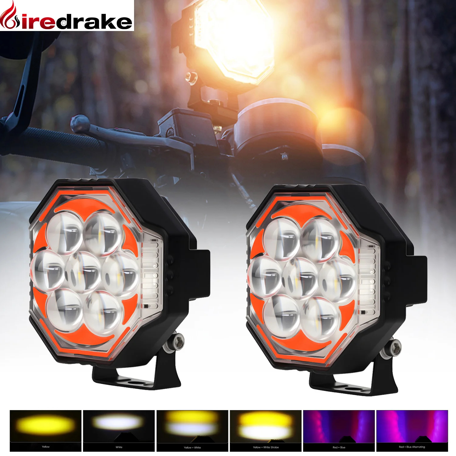 

Motorcycle LED Octagonal Spotlight 8 lenses Spotlight 120W 12000LM White Yellow Red and Blue Flashing Light Modified Spotlight