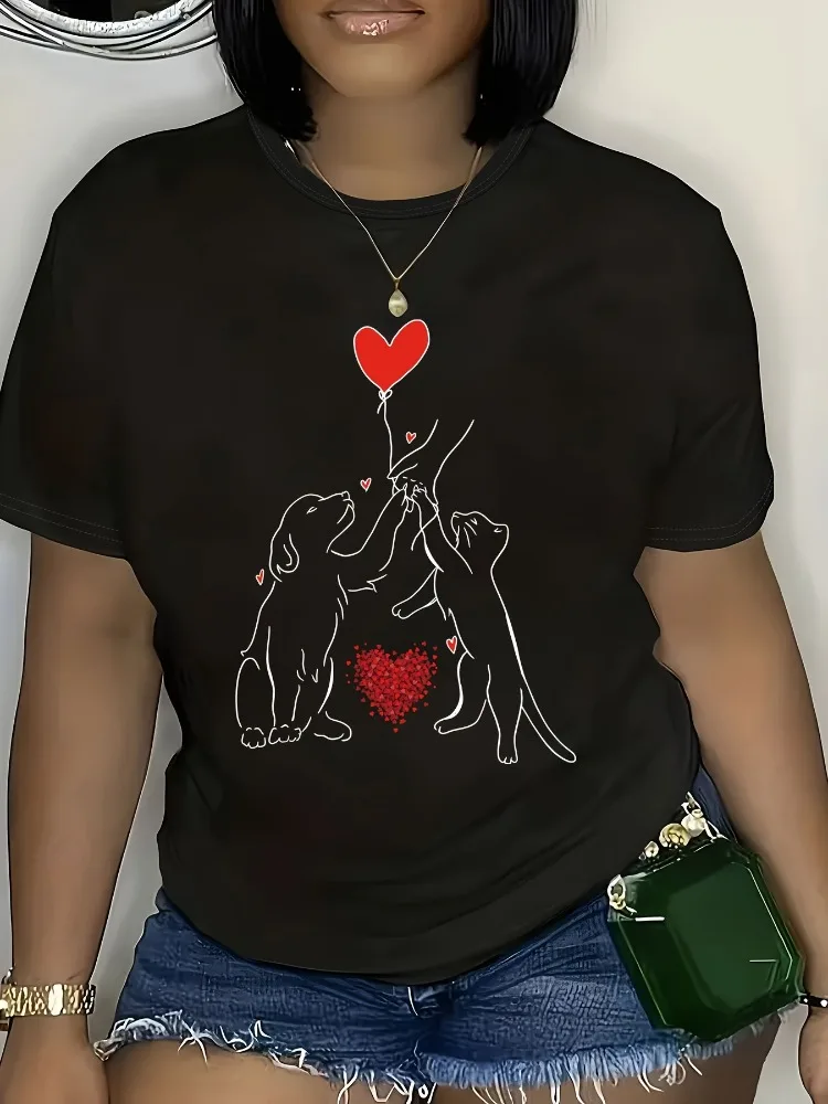 

Women's Dog and Cat Heart-Shaped Balloon Print T-Shirt Round Neck Casual Top Comfortable Year-Round Style Fun Print Shirt