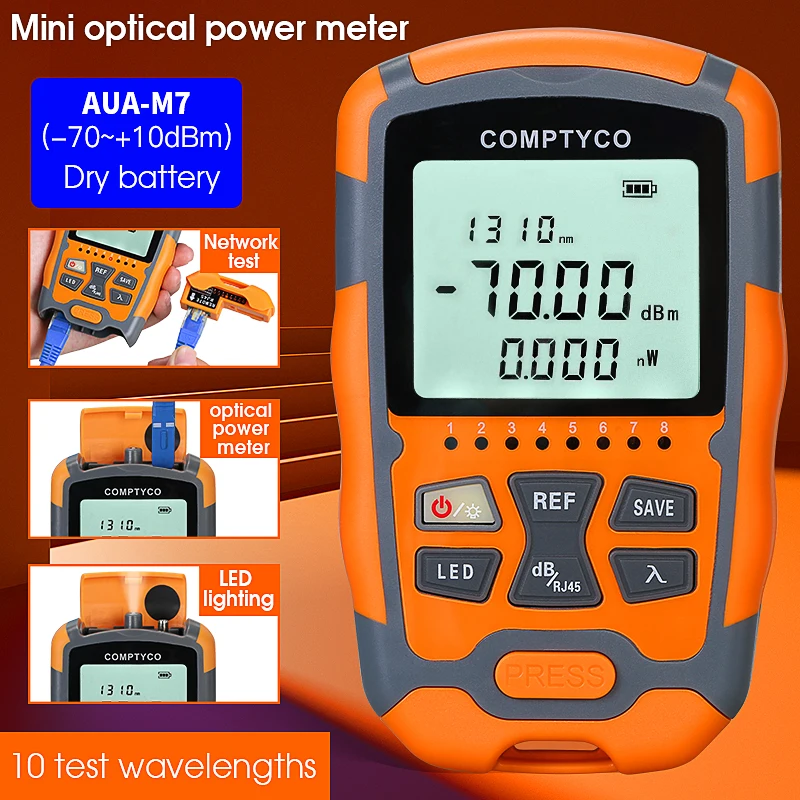 

Mini Optical Power Meter Dry Battery FTTH Handheld Fiber Optical Cable Test OPM -50~+26/-70~+10dBm With Network Test/LED Light