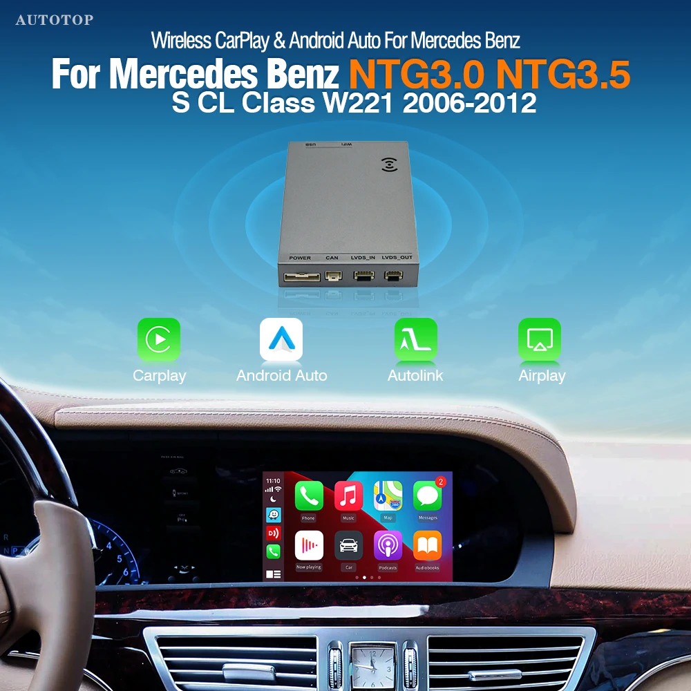 Décodeur sans fil CarPlay Android Auto AUTOTOP pour Mercedes NTG3.0 NTG3.5 Classe S W221 2006-2012 Caméra de recul AUX BT Module auto