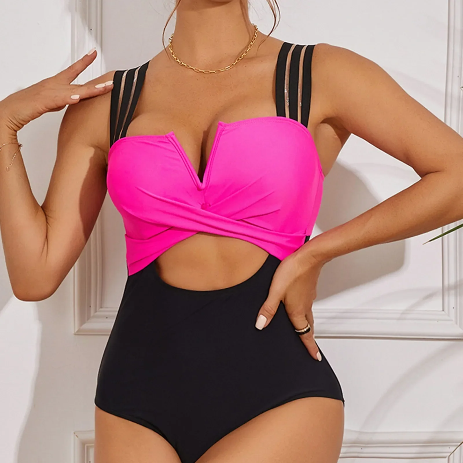 

Sexy Spaghetti Straps Bikini Sets V Neck High Waisted Bathing Suit Tummy Control One Piece Swimsuit for Women Beach Wear