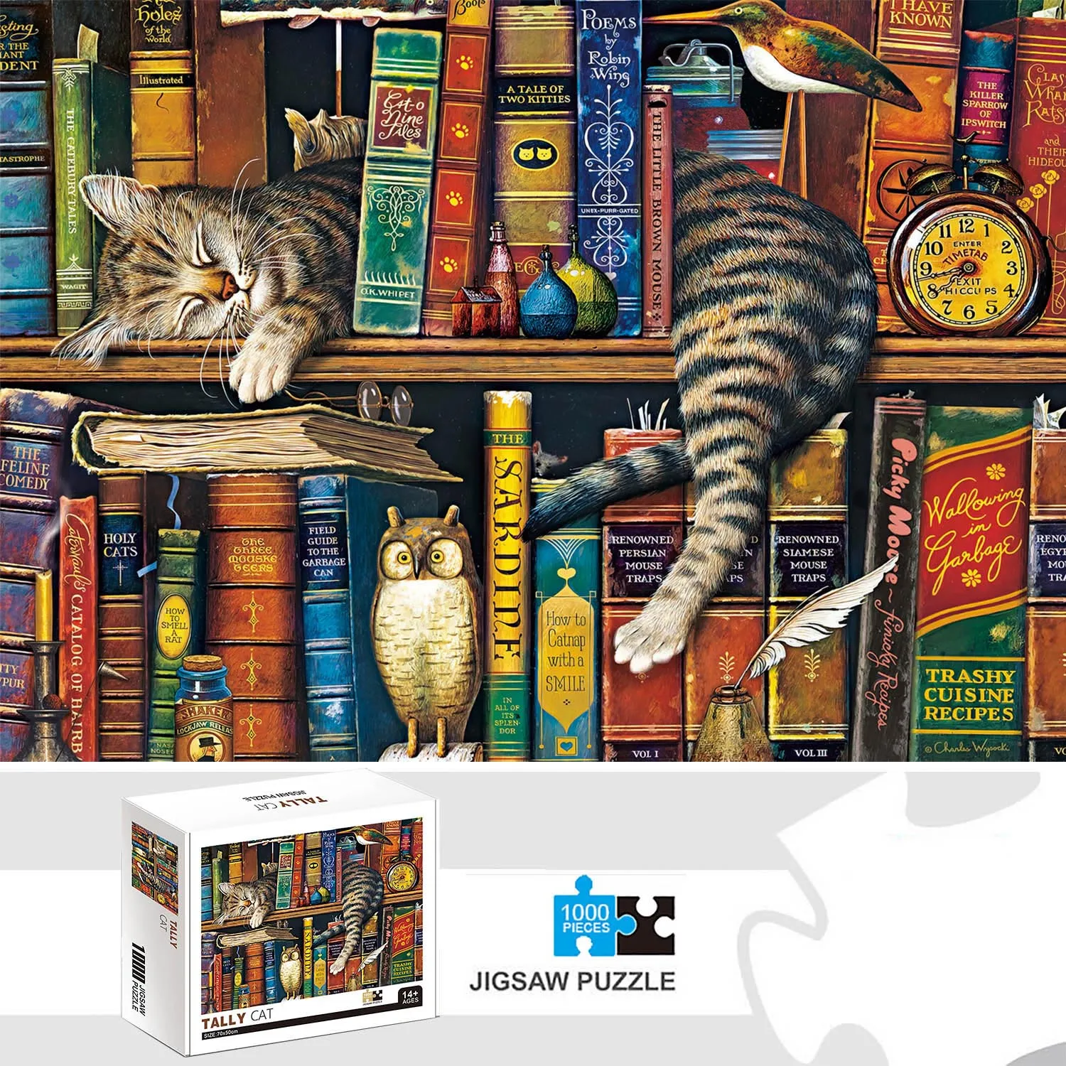 Sleeping Tabby Cat Vintage Bookshelf Owl Bird Antique Book Oil Painting Jigsaw Puzzle 500-2000Pcs Cute Pet Library Scene Puzzle