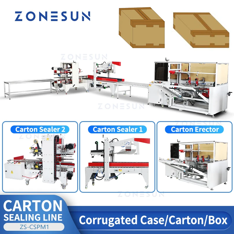 ZONESUN Automatic Carton Sealing Production Line Case Top Buttom Taping Strapping Packaging Equipment Boxing System ZS-CSPM1