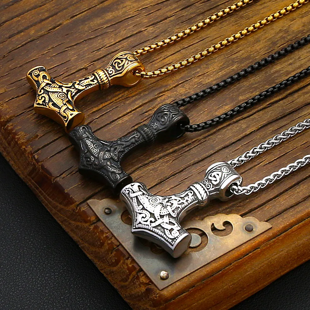 Vintage Thor Hammer Pendant Necklace For Men Women Stainless Steel Norse Viking Celtic Amulet Fashion Charm Jewelry Gifts