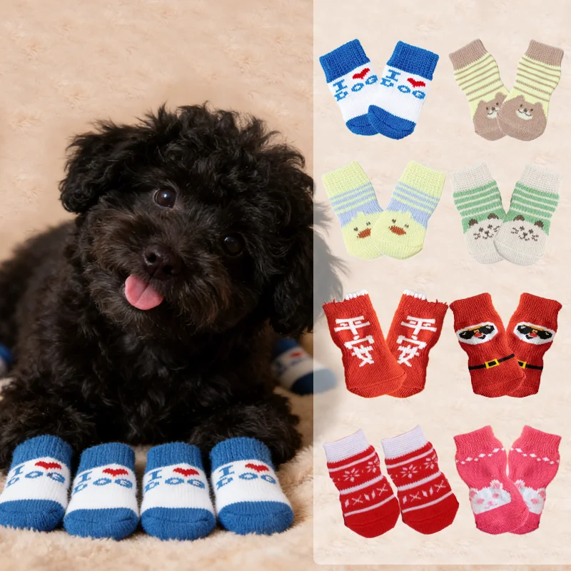 

4 Pcs Cats & Dogs Anti-slip socks Winter And Autumn Warm Socks Anti-slip Traction Protecting Oaws From Wear Tear licking.