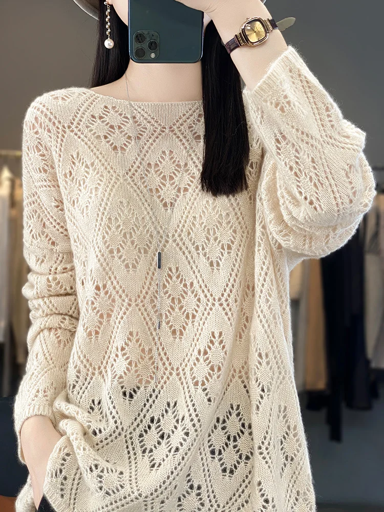 Hollow Out Large Size 100% Merino Wool Women Sweater Odzież wierzchnia O Neck Pullover LongSleeve Jacquard Knitwear Fashion Soft Elegant