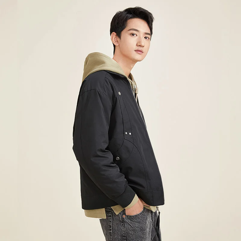 Chericom メンズ ブラック ボンバー ジャケット ストリートウェア スタイル ジップアップ ルーズフィット カジュアル ファッション ワークウェア 暖かい ライト カジュアル ジャケット Y278546Y