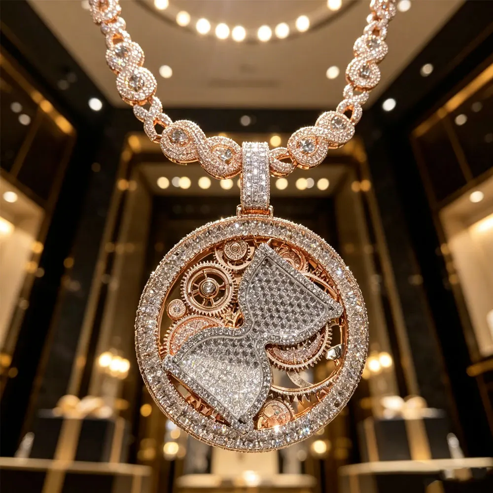 LYEE CYEE Hip Hop Rotatable Hourglass Pendant Necklace Iced Out Chain for Rapper Street Party for Couple Gift for Him Her