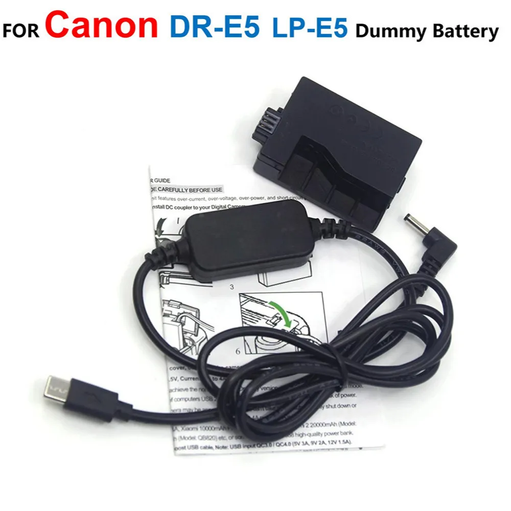 

DR-E5 DC Coupler LP-E5 Dummy Battery+ACK-E5 USB Type-C Power Cable For Canon EOS XS XSi T1i 450D 500D 1000D Kiss X2 X3 Rebel T1i