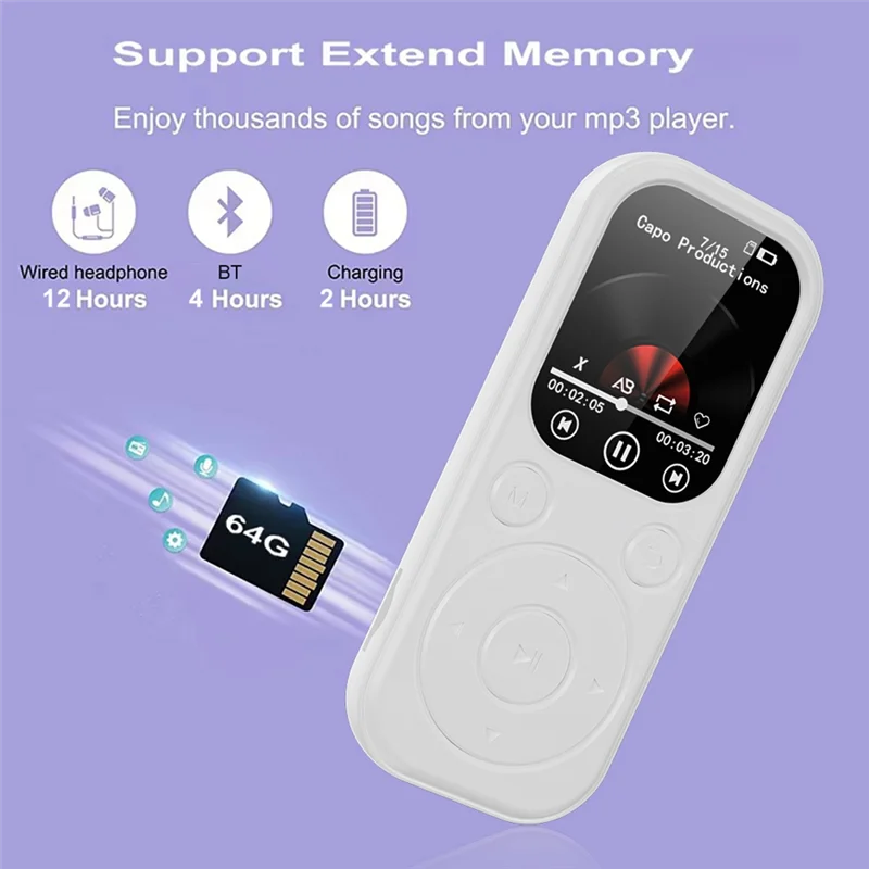 L62A MP3 Player Sports Mini MP3 Bluetooth 5.4 With Screen Video Music Player Support FM Radio