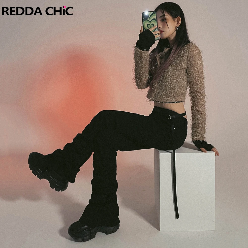 ReddaChic 無地ブラック スタックドジーンズ レディース ストレッチ スリムフィット フレア ブーツカットパンツ グランジ Y2K ラッフルヘム ハイウエスト デニム トラウザーズ
