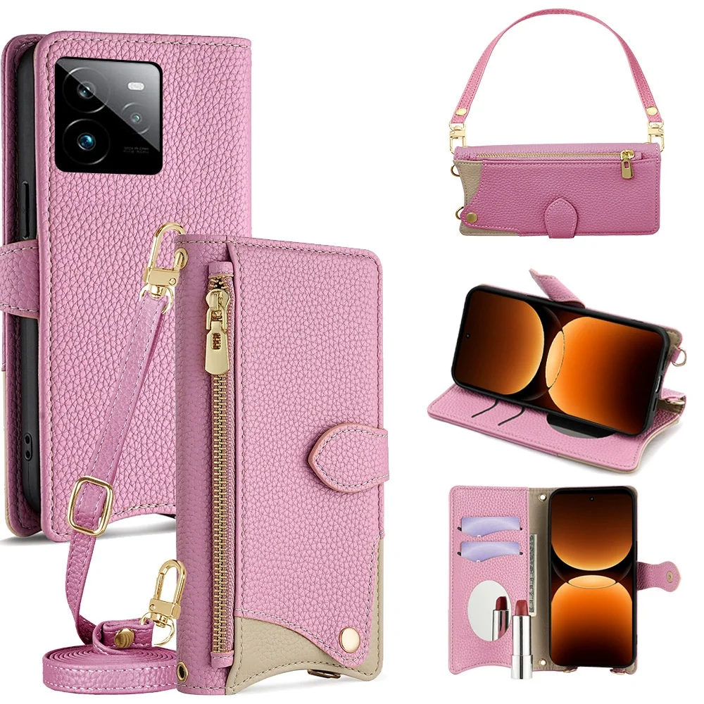 

Shoulder Zipper Wallet Case For Samsung Galaxy S24 FE S23 Ultra S22 Plus S21 S20 S10e S10 S9 Multi 3 Cards Leather Mirror Cover