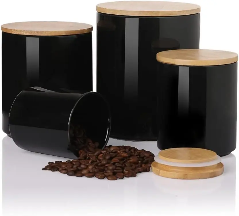 

Ceramic Canisters Set, Food Jars with Airtight Seal Bamboo Lid, Stackable Containers for Kitchen Counter, Ground Coffee, Flour,