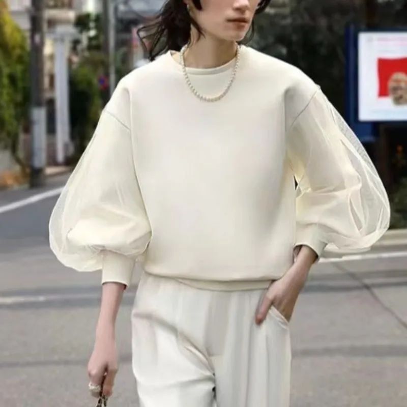 

2025 New Spring Autumn Mesh Patchwork Long Sleeve Hoodie Women Clothes Streetwear Causal Round Neck Pullover Sweatshirt Tops