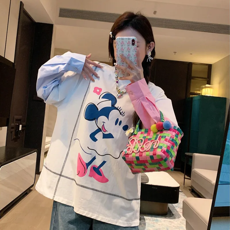 Disney Mickey Women's New Long Sleeved Tees Spring Autumn Cute Cartoon Printed Loose T-shirt Korean Version Casual Versatile Top