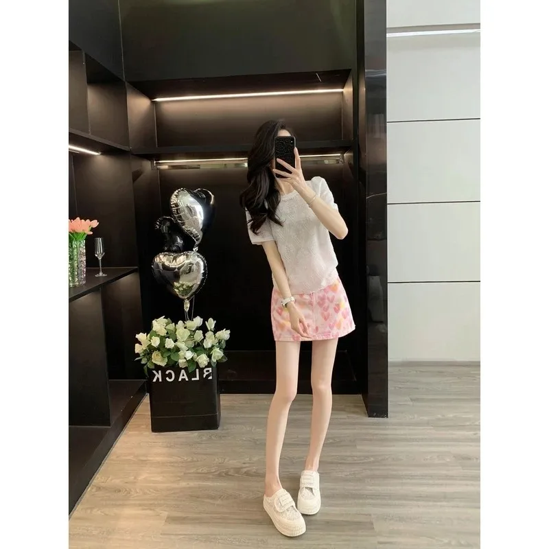 2026 New Pink Denim Mini Skirt Women High Waist Heart Print Jean Skirt Streetwear A-Line Casual Summer Short Skirt view 4
