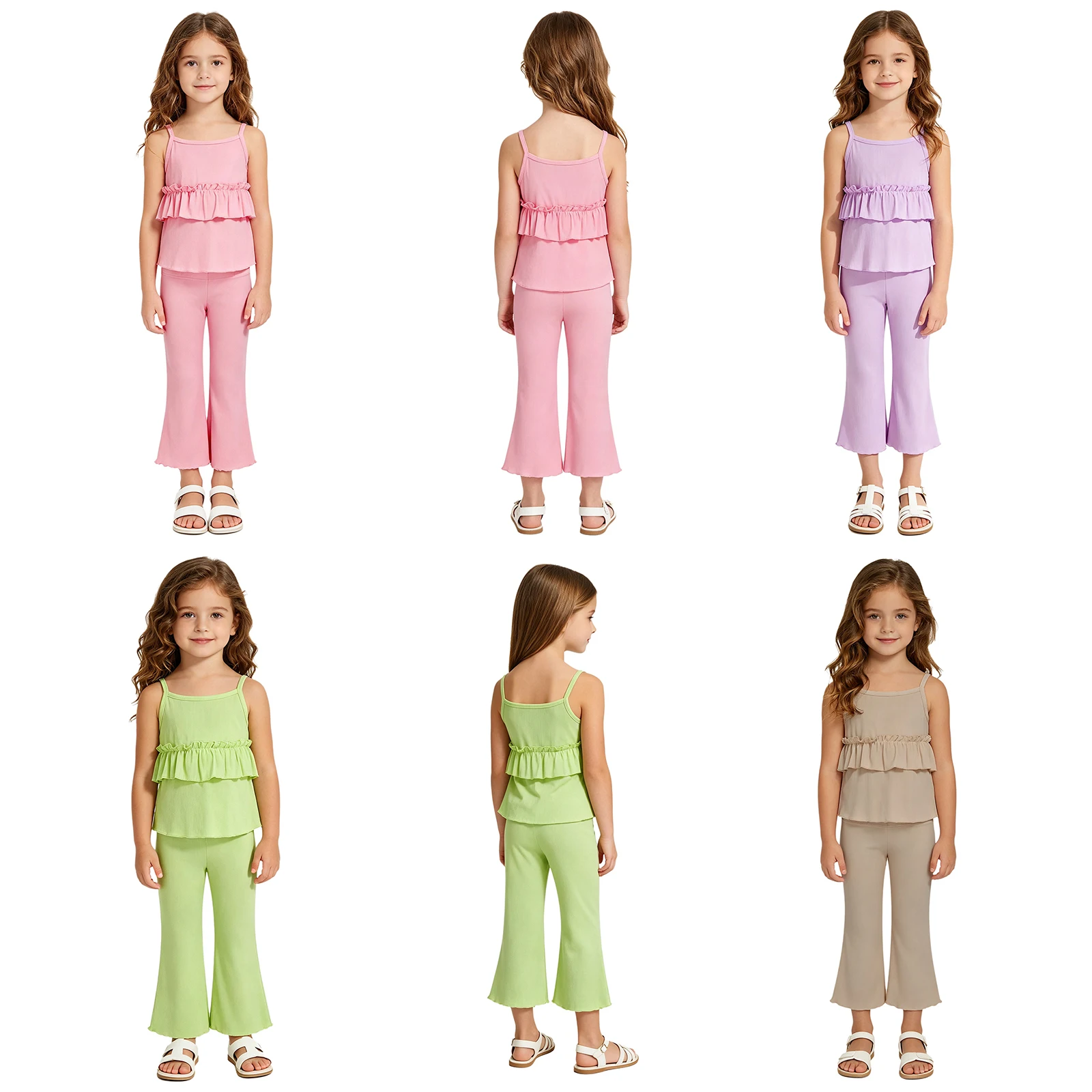 Little Girls Ruffled Cami Top + Flared Bell Pants 2‑Piece Set Fabric Kids Casual Playwear Dance Practice Children Clothes Set