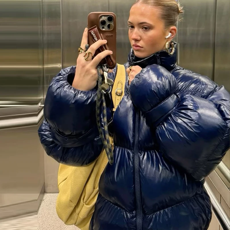 

Female Winter Warm Casual Outwears Glossy Thicken Cotton Jackets Women Loose High Neck Zipper Long Sleeves Coats