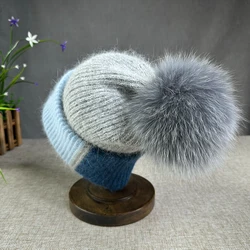 Gorros de pele de coelho feminino, macio, quente, fofo, pompom peludo, angorá, chapéu de malha, caveira, gorro feminino, boné de malha, inverno, novo, 2022