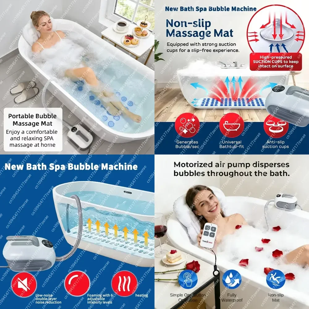 Portable Bathtub Bubble Massage Mat with Inflatable Pillow Foldable Non-slip Bath Mat for Enjoy Bath Spa at Home & Relaxation