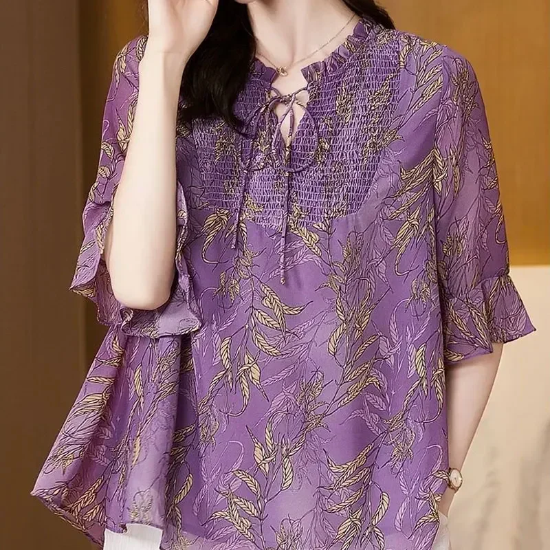 

Винтажная свободная шифоновая блузка с растительным принтом, летняя женская рубашка с коротким рукавом и складками, модная лоскутная повседневная рубашка с оборками на шнурке