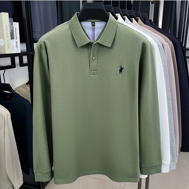 

2025 Cotton Spring New Long Sleeve T-shirt Men's Solid Color Loose Casual Polo Shirt