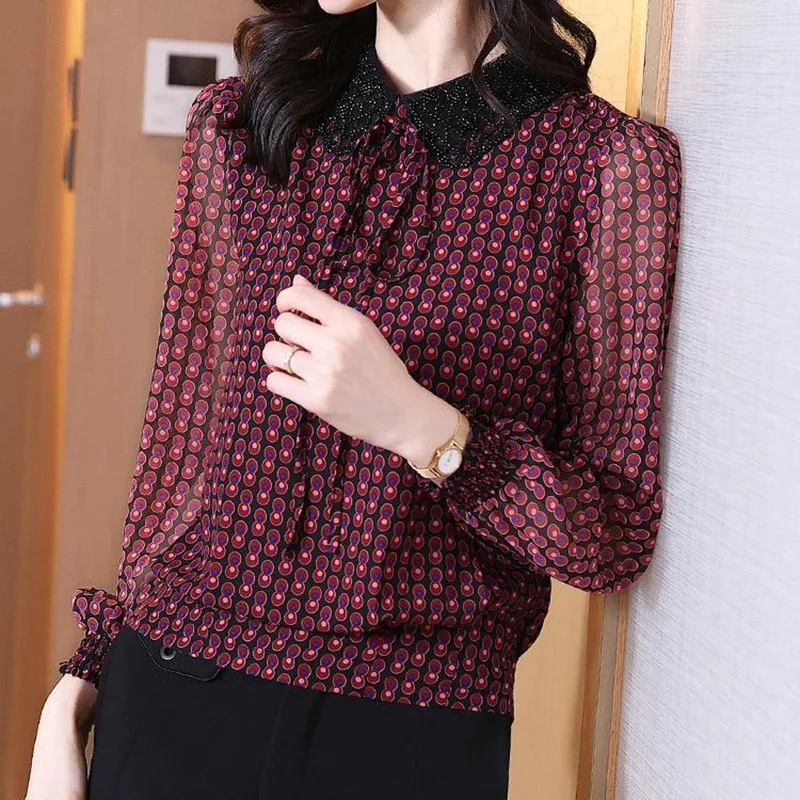 Blusa con estampado Vintage para mujer, camisa informal con lazo y abalorios, primavera y otoño, 2023