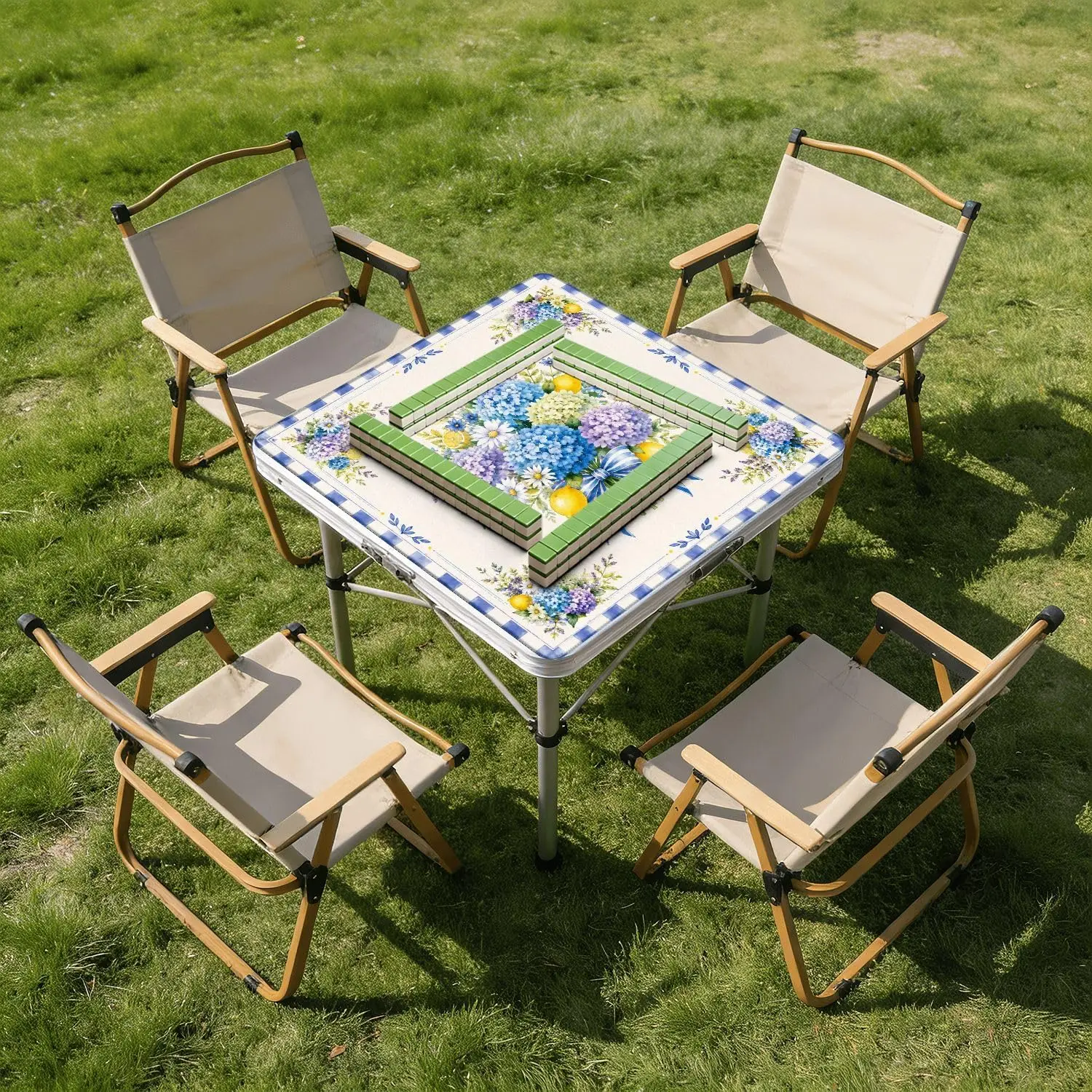 3mm Neoprene Luxury Table Cover 31.5 Inch Hydrangea Daisy Lemon Blue Ribbon Check Non Slip Noise Reduction for Mahjong Dominoes