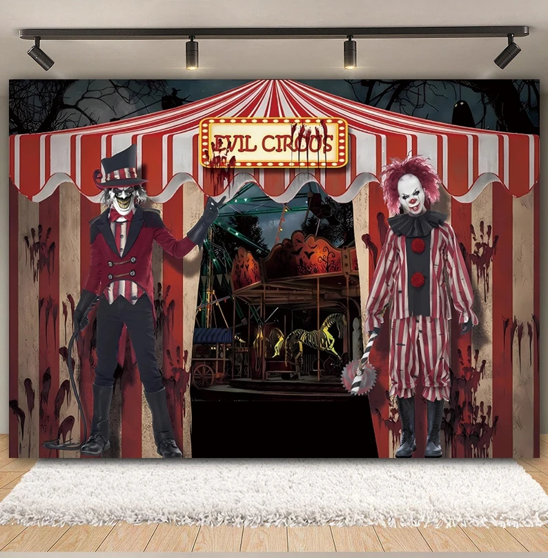 Halloween Red Circus Backdrop Horrible Evil Clown Ghost Terror Zombie Scene Party Decoration Photography Background Photo Studio