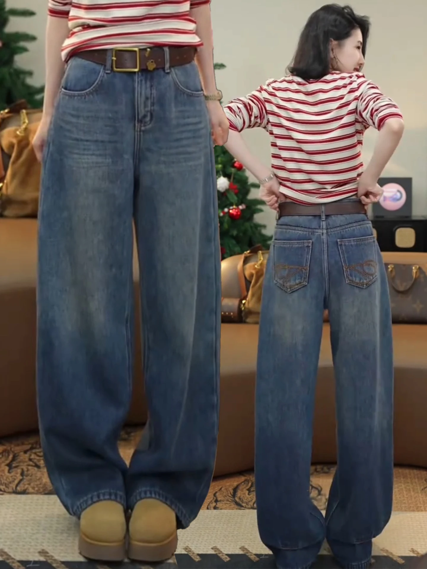 

Retro Knife High Waist Fleece Lined Embroidered Wide Leg Jeans Casual Style Spring Autumn Winter New Arrival Slimming Ef...