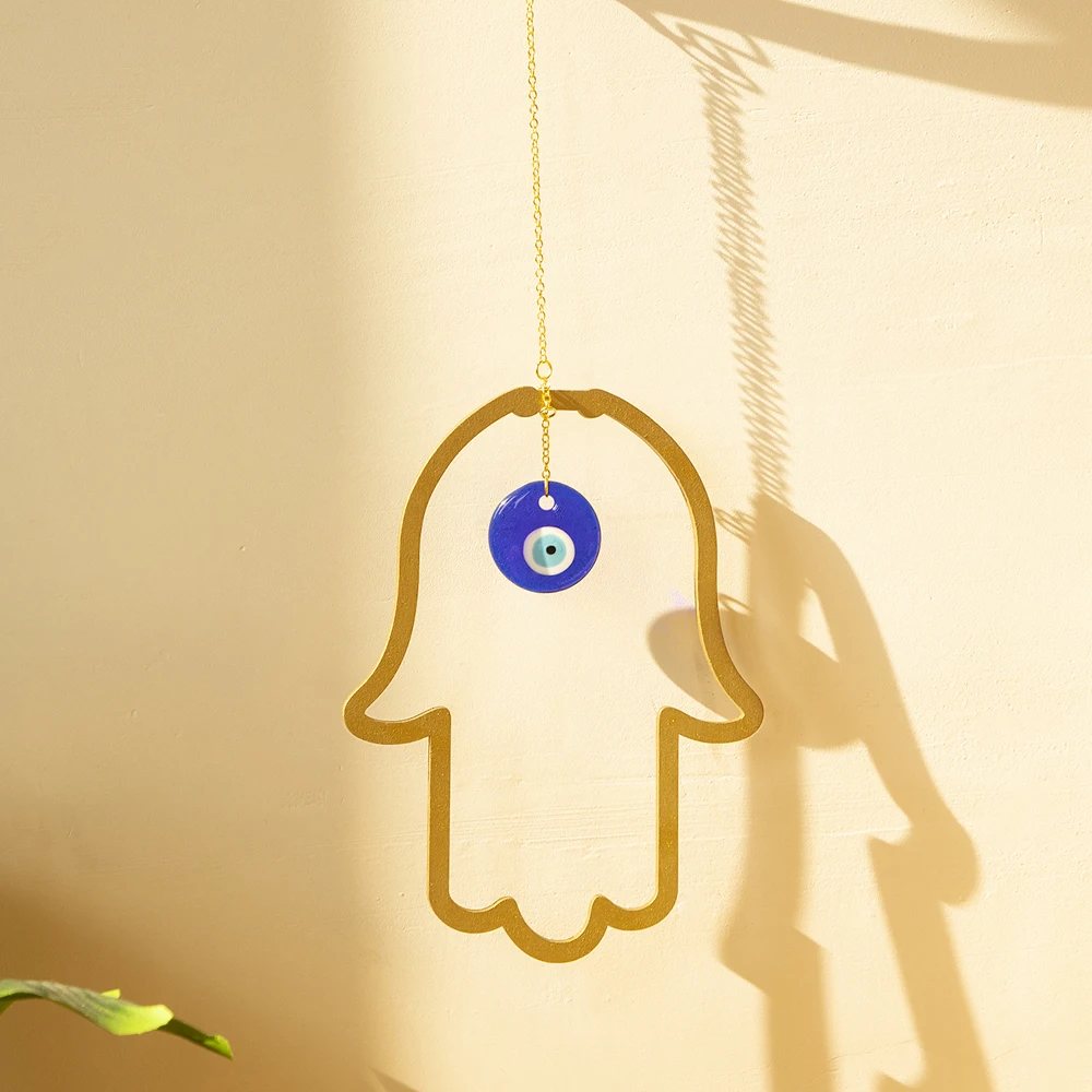 Wood Hamsa Hand Evil Eye Wall Hanging Ornament Turkish Blue Eye Amulet Protection Good Luck Room Home Blessing Hamsa Decor Gift