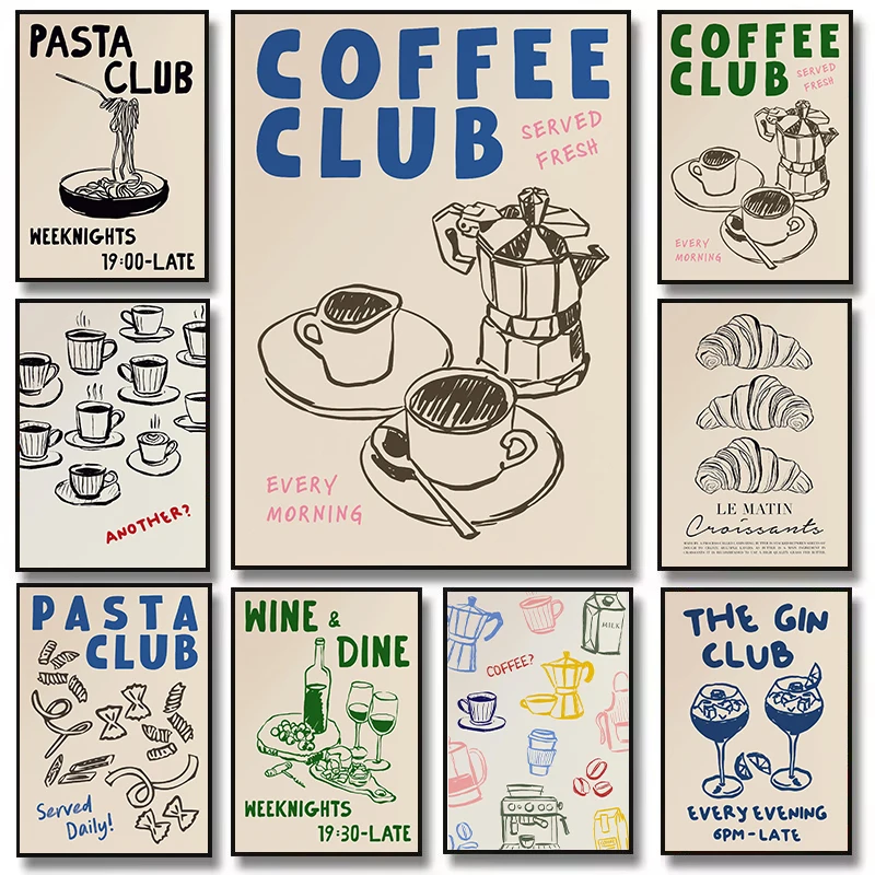 Retro Minimalist Trendy Coffee Club Kitchen Food Pasta Cocktail Poster Canvas Painting Wall Art Pictures Home Bakery Decor Gift