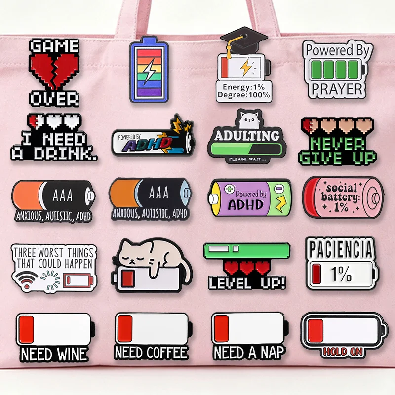 Low Battery Enamel Badge Need Coffee Wine Nap Social Battery 1% ADHD Adulting Pin Alloy Brooches Jewelry Gifts For Tired Adults