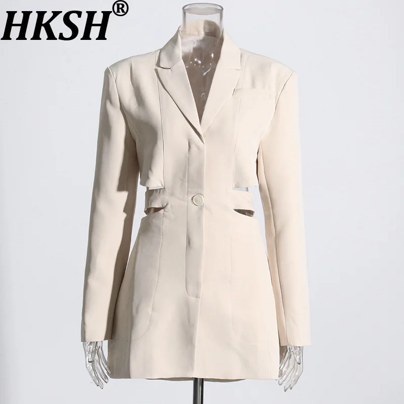 HKSH Women's Blazer Elegant Stylish Hollow Out Expose Waist Design Solid Color Patchwork Long-sleeved Slim Fit Suit-Coat HK28002