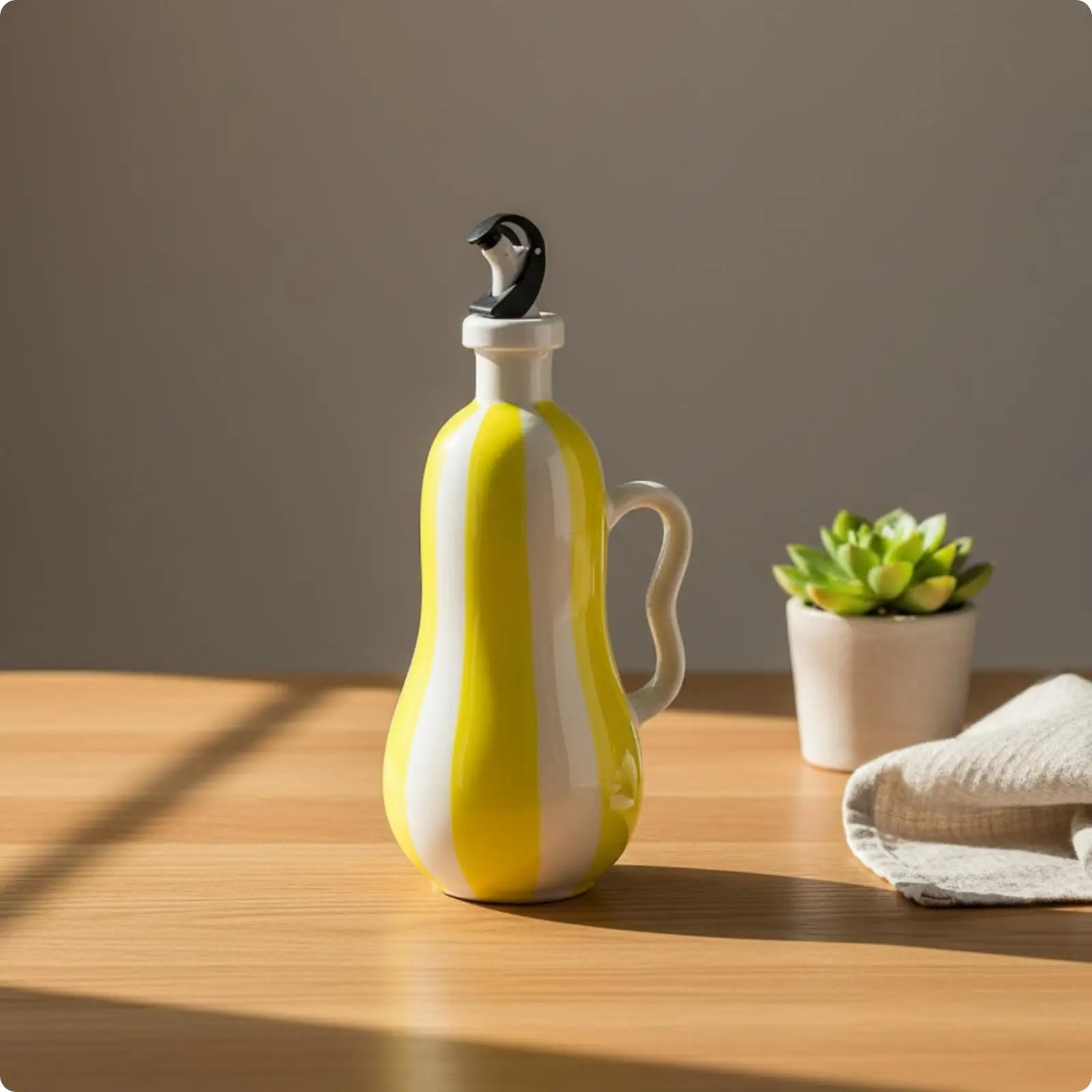 Vertical Striped Ceramic Sauce Dispenser 700ml with Easy Pour Spout for Daily Cooking and Dining Needs