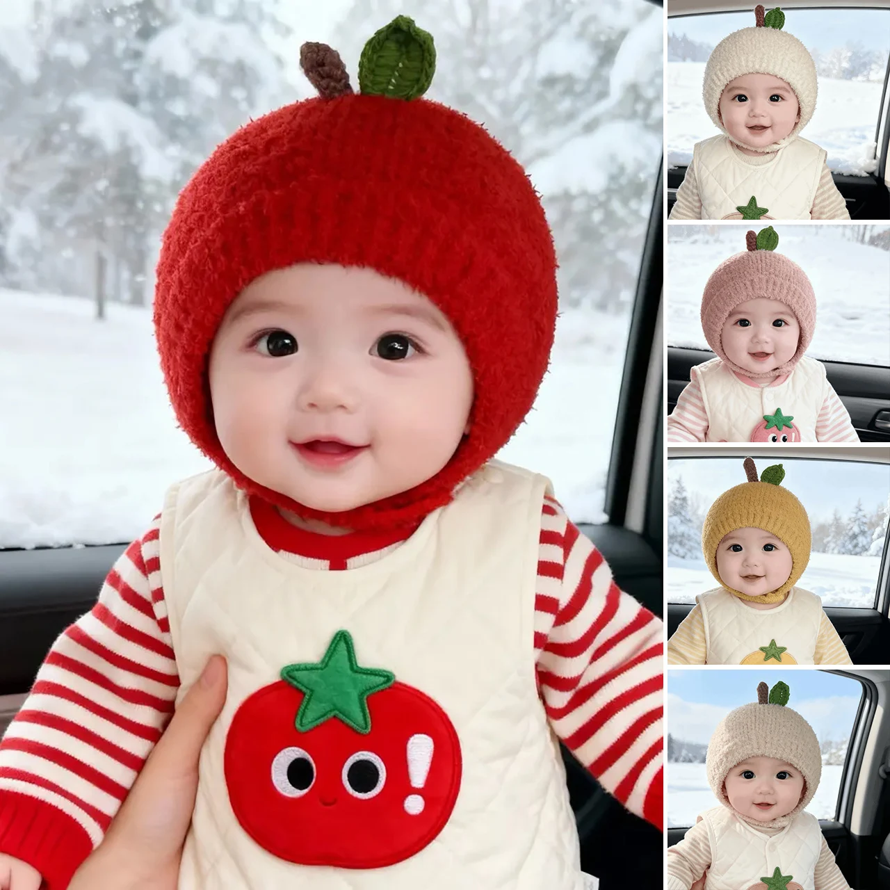 Cute Red Apple Hat for Baby Ear Protection Cap Winter Warm Toddler Pullover Cap 1-3Year Boys Girls Coral Fleece Beanie Bonnet image 5